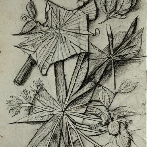 Image similar to an ancient drawing from a herbalist journal showing strange herbs, pencil, notes, old paper, heavy details.