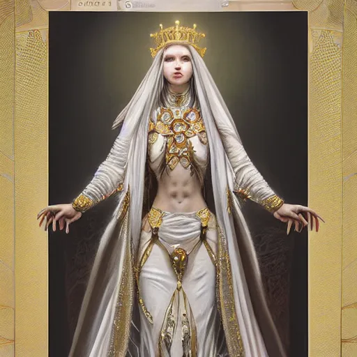 Image similar to a realistic symmetrical queen with a decorated dress made of white pearls , highly detailed, digital painting, Trending on artstation , HD quality, by artgerm and greg rutkowski and alphonse mucha, dramatic light, octane