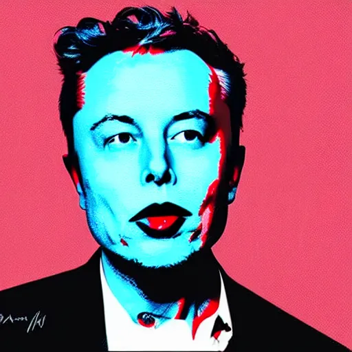 Prompt: the portrait of flabbergasted elon musk, eyes wide open, mouth wide open, astonished, surprised, thrilled. colorful pop art, modern art, by andy warhol