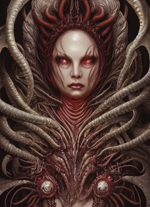 Image similar to a hyper detailed face portrait of the queen of blades, diablo 4 lilith, sideshow figurines, cthulu, by yusuke murata, by hiroya oku, by dorian cleavenger, by tom bagshaw, by zdzisław beksinski, trending on artstation