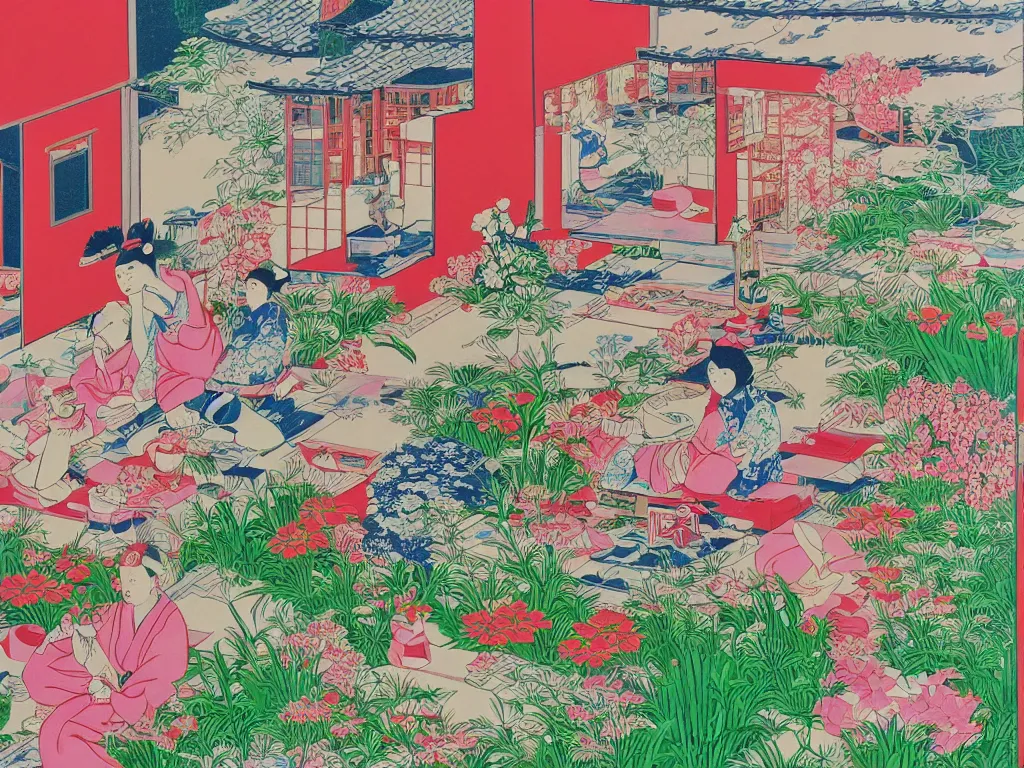 Prompt: image of a traditional japanese house with a garden, a pond in the garden, pink children are sitting around it, a combination of pop art and traditional japanese painting styles, the style of andy warhol, roy lichtenstein and jackie tsai, bright palette, acrylic on canvas