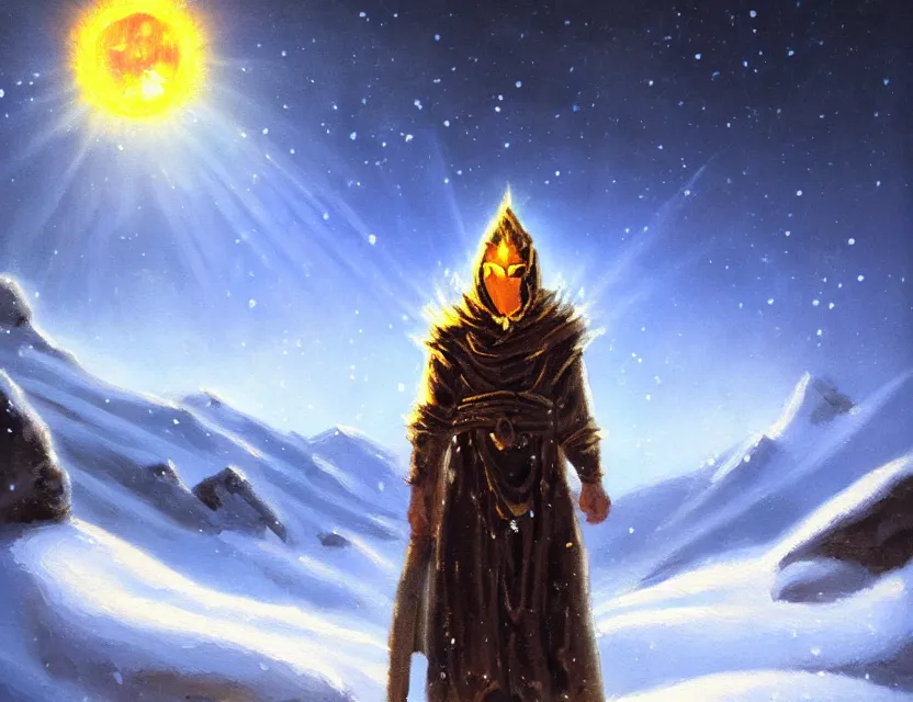 Prompt: sun priest of the snowy mountains. oil painting by underground comic book artist, chiaroscuro, bokeh, backlighting, field of depth, safe for work