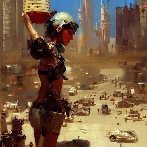 Image similar to greg manchess painting of baghdad in the year 2 0 7 7, painting, cyberpunk style, trending on artstation, by huang guangjian and gil elvgren and sachin teng