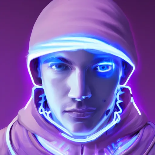 Image similar to a portrait of an ultradetailed futuristic male cyberpunk wearing a hoodie on his head, bearded, deep blue eyes, by dylan kowalski, 8 k, purple neon colours, digital painting, trending on artstation