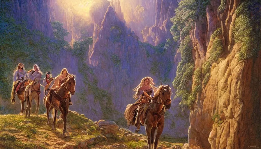 Prompt: weary travellers on horseback through a mountain path surrounded by giant statues of greek gods, soft lighting, pastel colors, ultra high detail, oil on canvas, HD, by Gilbert Williams, by Jeffrey Smith, by John Howe, by Michael Whelan