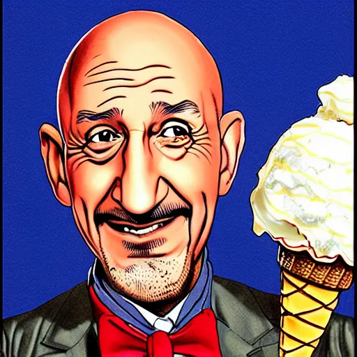 Prompt: ben kingsley is an ice cream ball in an ice cream cone. caricature, colorful ink, by moebius