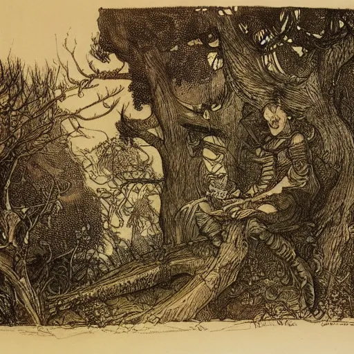 Image similar to once upon a midnight dreary, while i pondered, weak and weary, over many a quaint and curious volume of forgotten lore, by arthur rackham, highly detailed, 8 k,