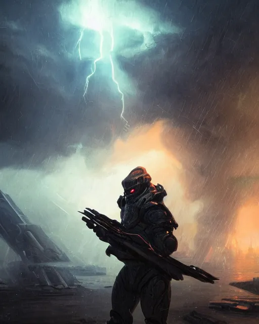 Image similar to oil painting of sci-fi Krogan in thunderstorm, sharp focus, holding sci-fi rifle, magical aura, heroic pose, fantasy style, octane render, volumetric lighting, 8k high definition, by greg rutkowski, highly detailed, trending on art Station, magic the gathering artwork, Spaceship hallway background, centered, horror, sci-fi artwork, demonic