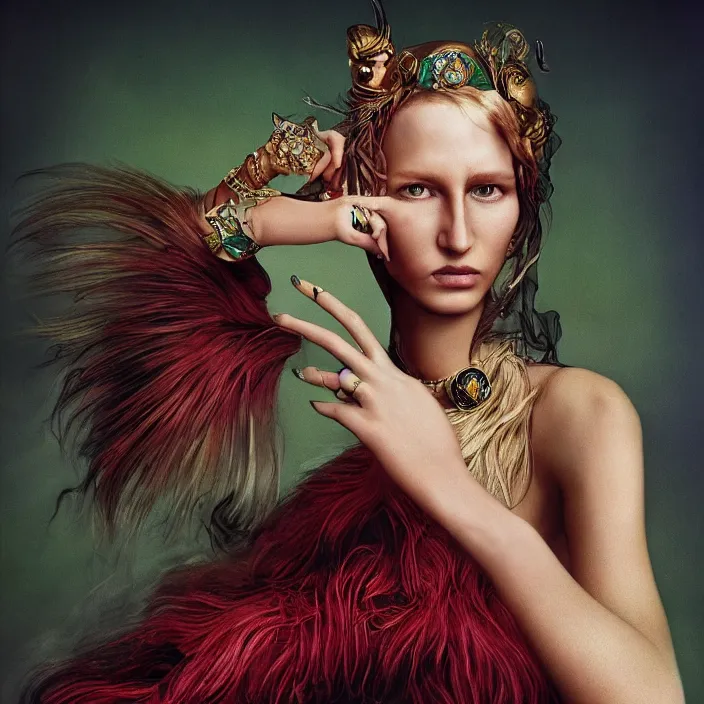 Prompt: gorgeous gucci goddess, future fashion, stylish deity, model, volumetric, concept art, gucci, digital painting, beautiful, slick, hd, 1 3 5 mm, by annie leibovitz, by giger