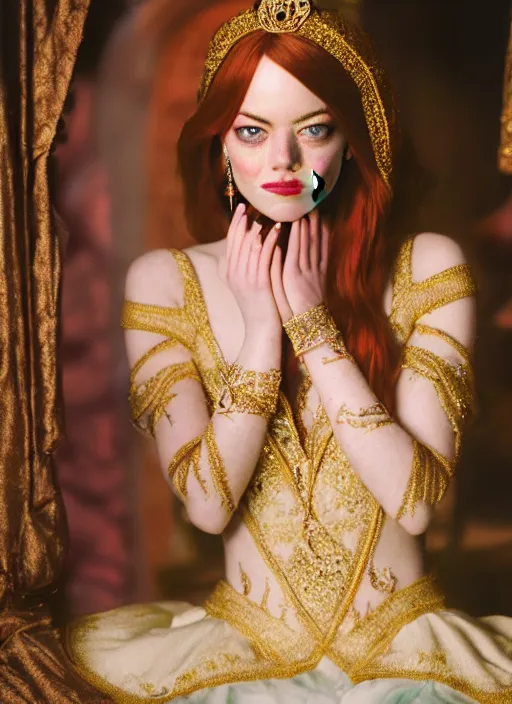 Prompt: portrait of emma stone as princess jasmine in persian palace, by charlotte grimm, natural light, detailed face, beautiful crossed hands,, canon eos c 3 0 0, ƒ 1. 8, 3 5 mm, 8 k, medium - format print, half body shot