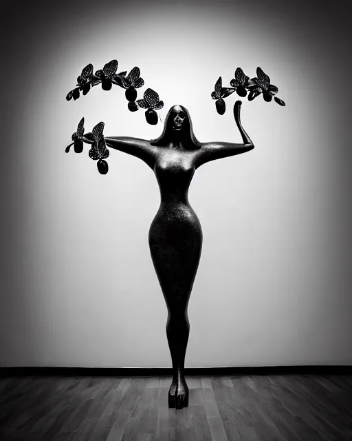 Image similar to surreal mythical dreamy dark artistic black and white fine art photo of a monumental wax sculpture of a female - orchid - bird - cybor