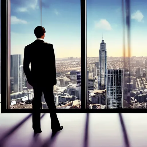 Prompt: a business cat in a suit, looking out at a skyline from a penthouse suite, cinematic, movie screenshot,