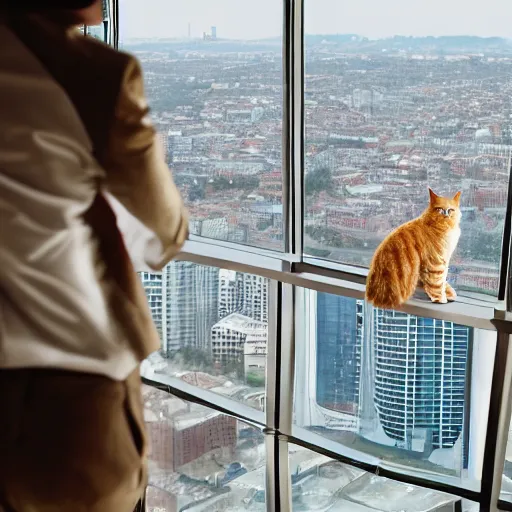 Prompt: still of cat in a suit looking out at the skyline from a penthouse suite, cinematic,