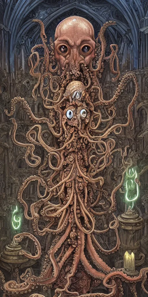 Image similar to mages with human bodies and magical armour with octopus heads sitting near the table in an ancient mage castle with enormous scale, gothic and baroque, brutalist architecture, ultradetailed, Intricate by Josan Gonzalez and John Howe and Giuseppe Arcimboldo