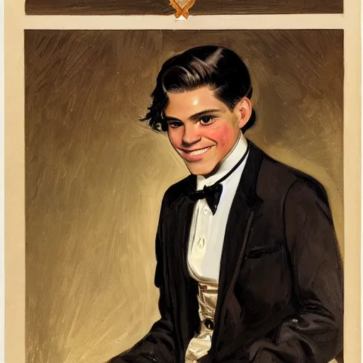 Prompt: a Latino young man with long shaggy brown hair, sly eyes, and a mischievous smile wearing a tuxedo and e-boy chains. WLOP, JC Leyendecker