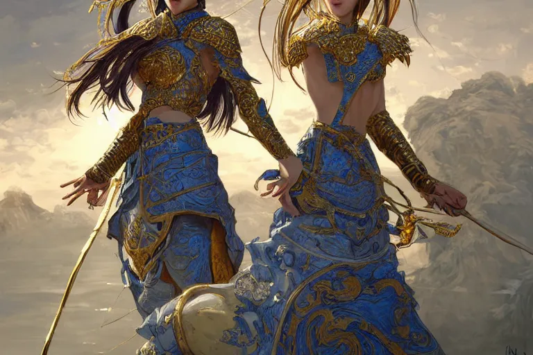 Image similar to portrait knights of Zodiac girl, Chinese Blue and white porcelain reflected armor, kung fu fighting in ruined Agora of Athens sunrise, ssci-fi, fantasy, intricate, very very beautiful, elegant, golden light, highly detailed, digital painting, artstation, concept art, smooth, sharp focus, illustration, art by tian zi and WLOP and alphonse mucha