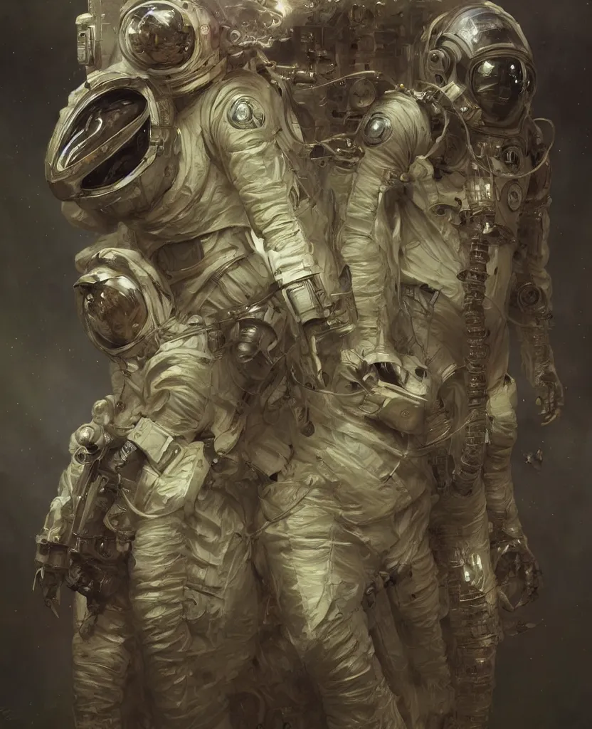 Prompt: realistic photography of a flesh totem of astronauts wearing dirty and moldy space suits, deep focus, intricate, elegant, highly detailed, foggy, misterious, digital painting, artstation, concept art, matte, sharp focus, illustration, art by artgerm and greg rutkowski and alphonse mucha