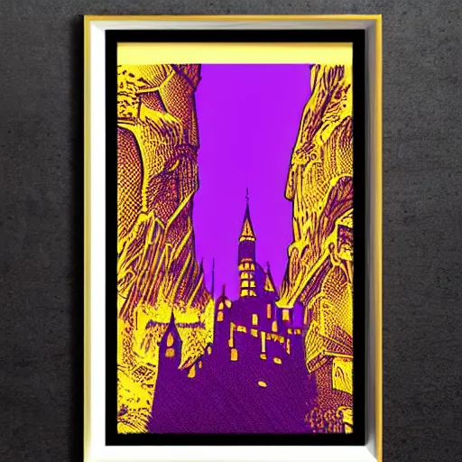 Image similar to amazing architecture comic - book art, epic castle, amazing purple and amber gold lighting, with half - tone - print features that blend into the art style and print