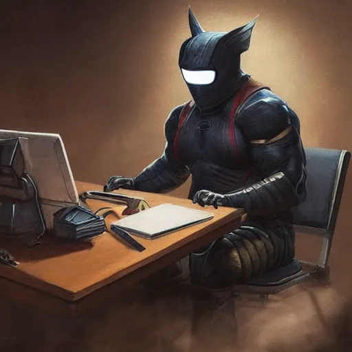 Image similar to a insanely detailed painting of a stocky masked asian man wearing a superhero costume sitting at a desk, staring at the nervously at the computer and typing, in the style of peter mohrbacher, dramatic lighting and composition, trending on artstation, concept art, comic book