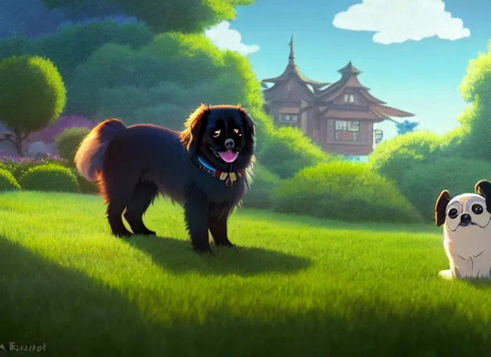 Prompt: a wholesome animation key shot of a black tibetan spaniel, suburban yard in the background, open window in the foreground, studio ghibli, pixar and disney animation, sharp, rendered in unreal engine 5, anime key art by greg rutkowski, bloom, dramatic lighting