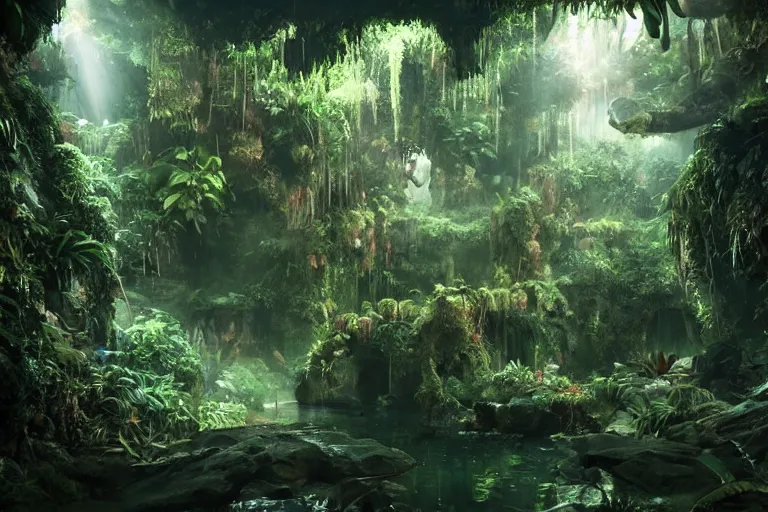 Image similar to the most amazing dream you ever had about subterranean jungle, hyper realistic, ambient lighting, concept art, intricate, hyper detailed, smooth, dynamic volumetric lighting, octane, cinematic