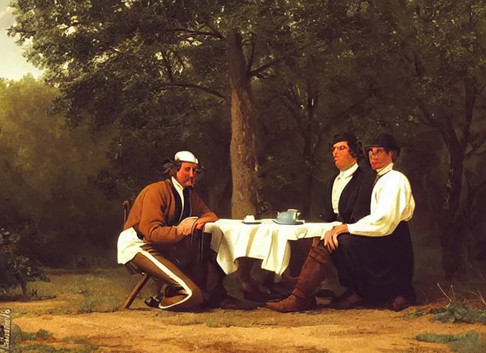 Image similar to white and black people are friends in the old south, art by george caleb bingham and thomas anshutz