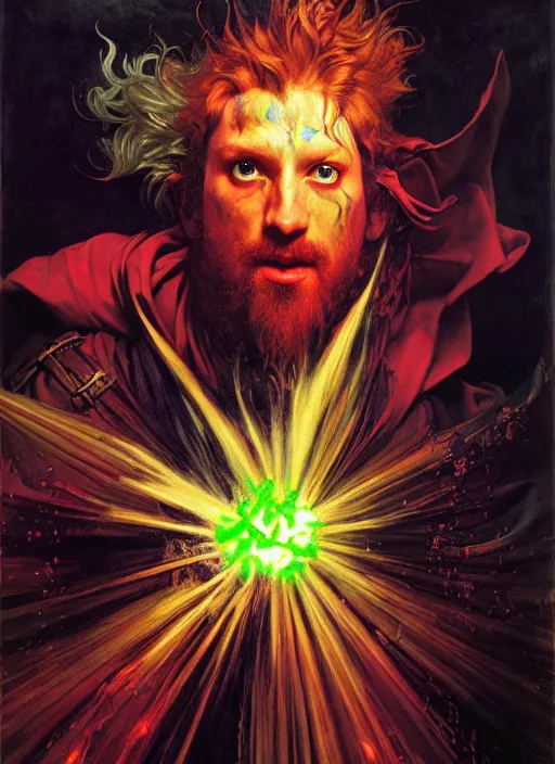 Image similar to wizard casting acid splash, dnd character art portrait, dramatic lighting, vivid colors by edgar maxence and caravaggio and michael whelan and delacroix.