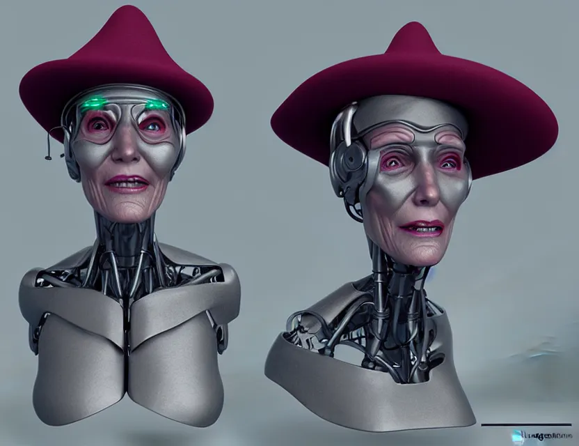 Image similar to cinematic bust portrait of robo face granny cyborg body, witch's hat on head, by jean giraud, trending artstaition, 3 d, unreal engine
