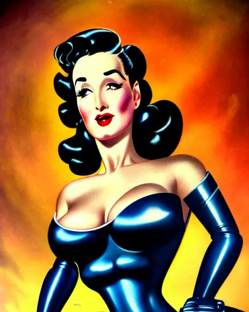 Prompt: closeup beautiful retro space dita von teese posing with a chrome robot in dieselpunk city at night, pinup, windblown dark hair, seductive, hyper detailed, digital art, smooth, sharp focus, luis royo, gil elvgren, alberto vargas, 1 9 5 0, when mars attacks