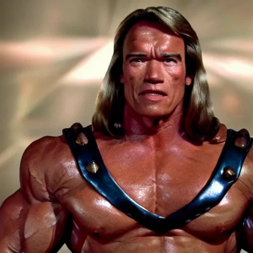 Image similar to Arnold Schwarzenegger dressed as He-Man, ultra realistic movie frame, cinematic lighting