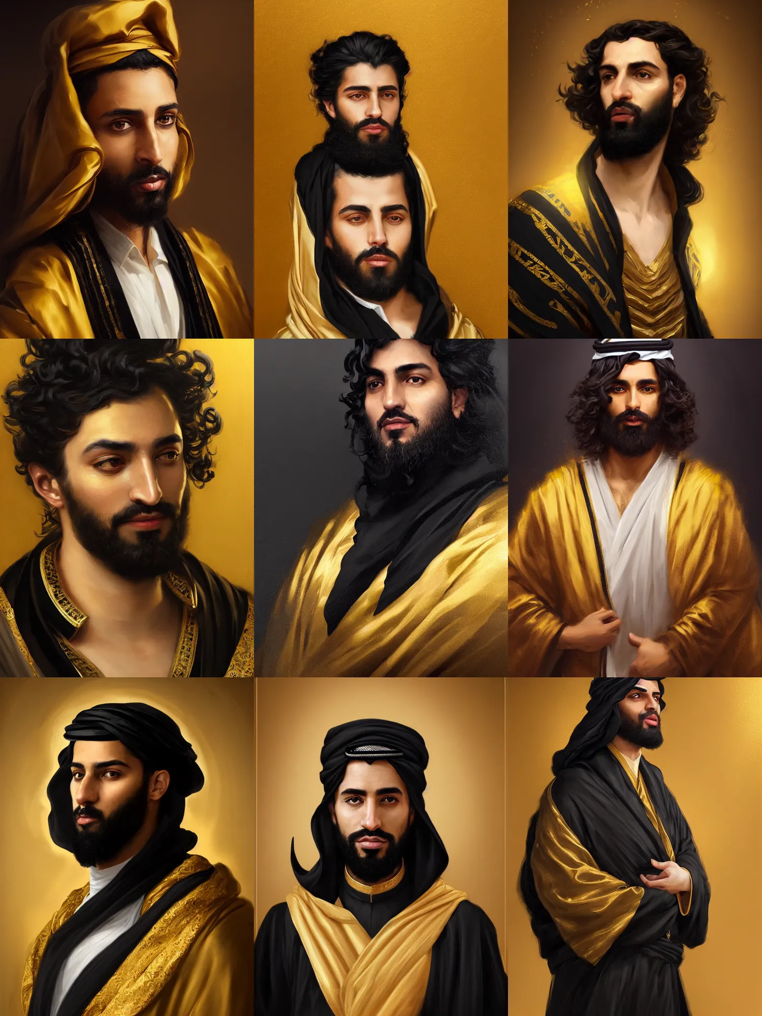 Prompt: face portrait of an arrogant wealthy male arabic merchant wearing a black and gold robe with handsome facial features and wavy hair, by peter mohrbacher, trending on artstation, fine details, realistic shading, painted texture, full of color, cinematic lighting, atmosphere, 8 k ultra realistic