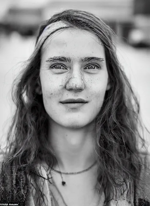 Image similar to Mid-shot portrait of a beautiful 20-year-old woman from Iceland, smile, candid street portrait in the style of Martin Schoeller award winning, Sony a7R