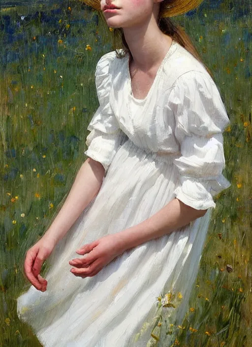 Prompt: portrait of girl dressed in white clothes , countryside, country style, country house, fantasy character portrait, dynamic pose, above view, view from above, sunny day, thunder clouds in the sky, artwork by Jeremy Lipkin and Giuseppe Dangelico Pino and Michael Garmash and rob rey, very coherent symmetrical artwork, perfect face, simple form, 100mm