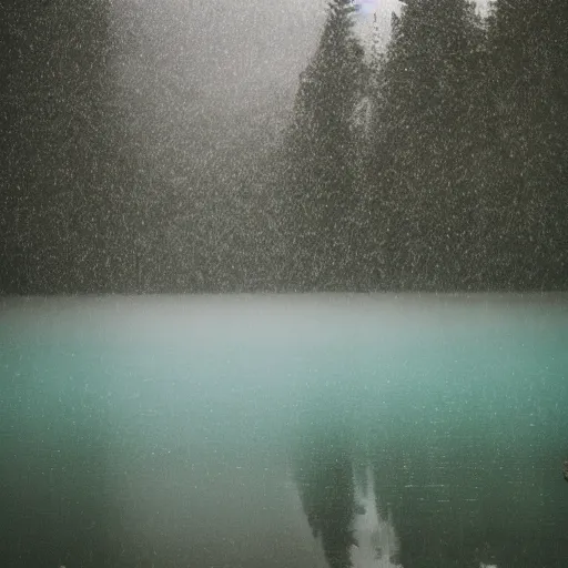 Prompt: Photo of a crystal clear lake, rain