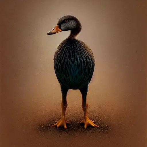 Image similar to hyperrealistic mixed media high resolution painting of a mallard with proportional human extremities, stunning 3d render inspired art by István Sándorfi and Greg Rutkowski, perfect symmetry, dim volumetric lighting, 8k octane beautifully detailed render, post-processing, extremely hyper-detailed, intricate, epic composition, highly detailed attributes, highly detailed atmosphere, cinematic lighting, masterpiece, trending on artstation, very very detailed, masterpiece, stunning, flawless structure, lifelike texture, perfection,