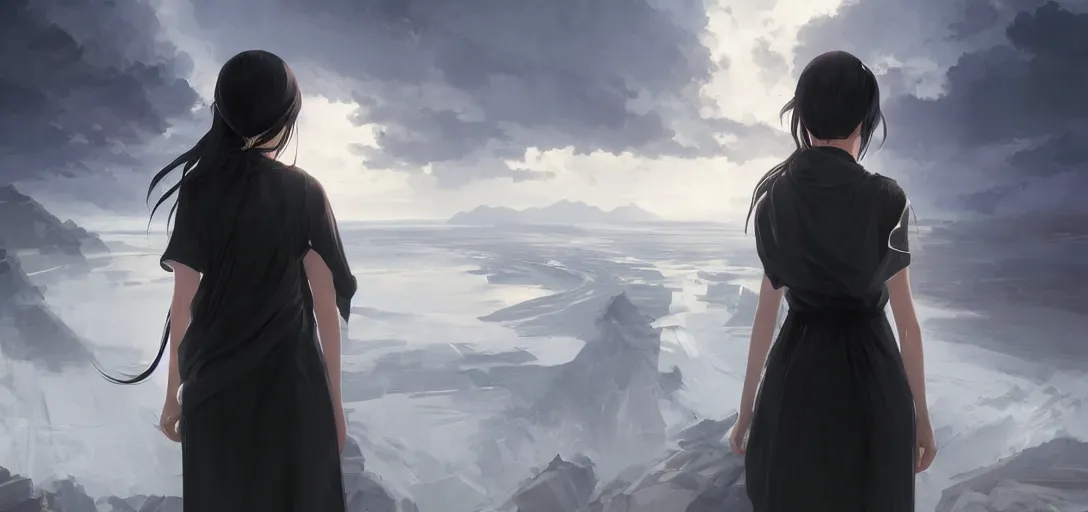 Image similar to a beautiful Tibetan woman, innocent, somber white eyes, blind, long black and white split hair,gentle lighting, storm in the distance, simple dress, digital art by Makoto Shinkai ilya kuvshinov and Wojtek Fus, digital art, concept art,