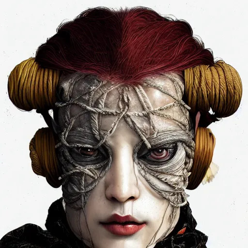 Image similar to portrait of a Shibari rope wrapped face and neck, headshot, insanely nice professional hair style, dramatic hair color, digital painting, of a old 15th century, old cyborg merchant, amber jewels, baroque, ornate clothing, scifi, realistic, hyperdetailed, chiaroscuro, concept art, art by Franz Hals and Jon Foster and Ayami Kojima and Amano and Karol Bak,