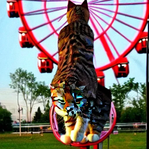 Image similar to !!! cat!!!, ferris wheel, feline, sitting, riding, funny, award winning photo, realistic,