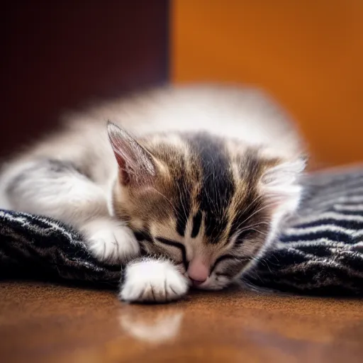 Prompt: portrait photo of a sleeping kitten, indoors, f 1. 4, golden ratio, rim light, top light, overcast day