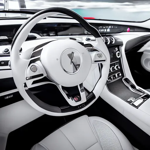 Image similar to cinematic photoshoot of clean modern hand crafted super futuristic tech luxury car interior pro display xpr luxury smooth color metal white silver with black leather padding well design ultrareallistic detailed high quality 8 k photorealistic ultra realistic