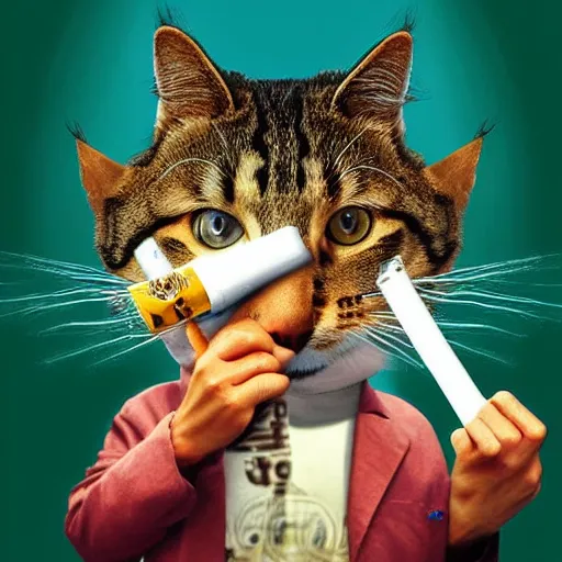 Image similar to an anthropomorphic cat smoking a fat joint, stunning digital art, highly detailed masterpiece