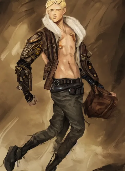 Image similar to a blonde boy thief with a steampunk armband in the style of eve ventrue