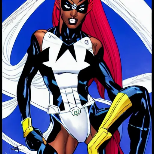 Image similar to aaliyah as storm from the x - men, vector image, comic books style, very detailed, by jim lee, by jae lee, by todd mcfarlane, by rob liefeld