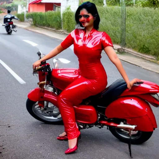 Image similar to A beautiful indian woman wearing red latex dress riding a motorcycle