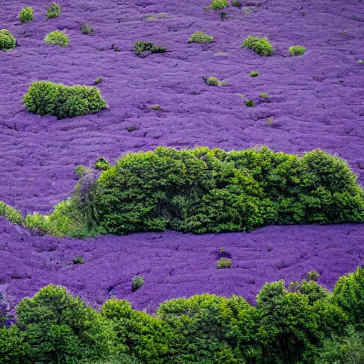 Image similar to landscape covered in purple mold, wide, from a distance