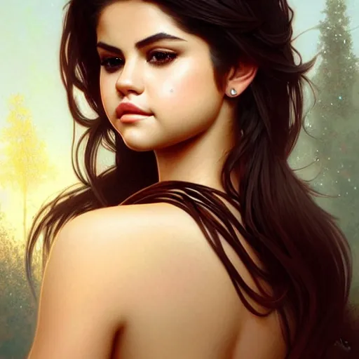 Prompt: beautiful portrait of selena gomez, natural beauty expressive pose, fantasy, intricate, elegant, highly detailed, digital painting, artstation, concept art, smooth, sharp focus, illustration, art by artgerm and greg rutkowski and alphonse mucha