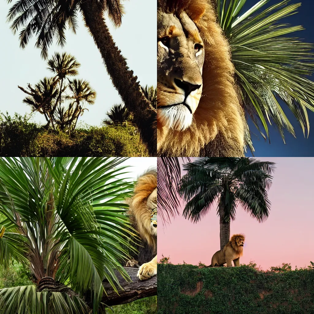 Prompt: An overweight lion tries to hide behind a palm tree