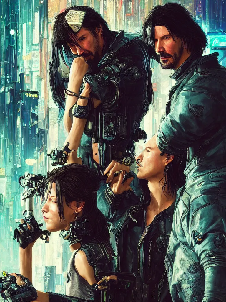 Image similar to a cyberpunk 2077 wedding couple portrait of Keanu Reeves and V kissed,love,film lighting,by Lawrence Alma-Tadema,Andrei Riabovitchev,Laurie Greasley,Dan Mumford, John Wick,Speed,Replicas,artstation,deviantart,FAN ART,full of color,Digital painting,face enhance,highly detailed,8K,octane,golden ratio,cinematic lighting