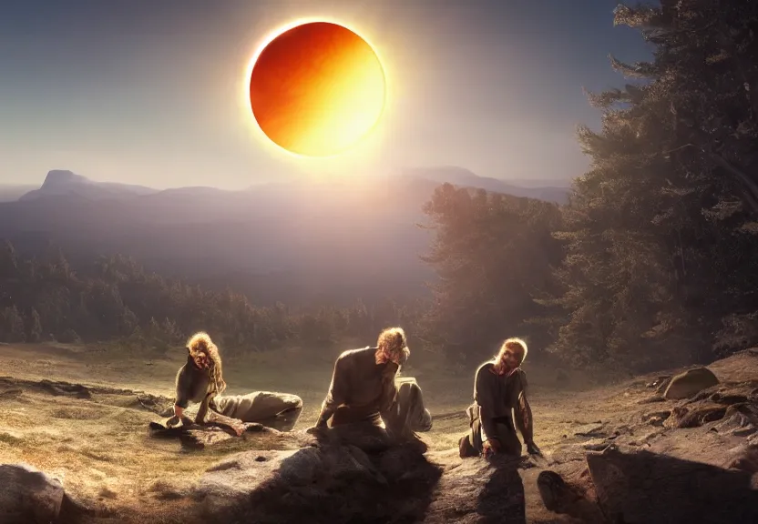 Image similar to fully photorealistic eclipse at sunrise on a mountaintop, distant glowing figures, crystalline masterpiece diamond incrustations, art by john collier, albert aublet, artem demura, alphonse mucha, sharper luminescent focus, nd 6, hdr, movie still, cinematic diffuse lighting, artstation, textless, sharp focus