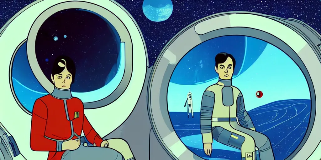 Prompt: a portrait of lonely single Alain Delon alone pilot in spacesuit posing in symmetrical spaceship station planet in porthole captain bridge outer worlds hyper contrast in FANTASTIC PLANET La planète sauvage animation by René Laloux